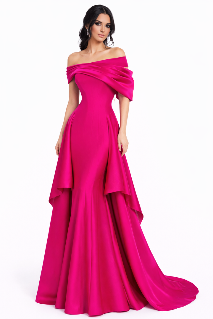 off-shoulder draped mermaid dress with layered overskirt – FUCHII