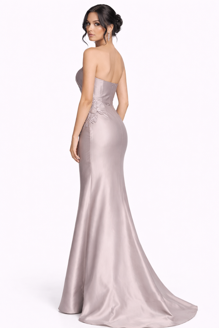 strapless draped column dress with floral waist detail – SILVIA
