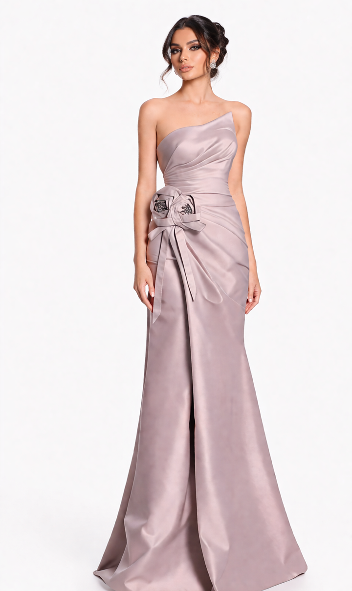 strapless draped column dress with floral waist detail – SILVIA