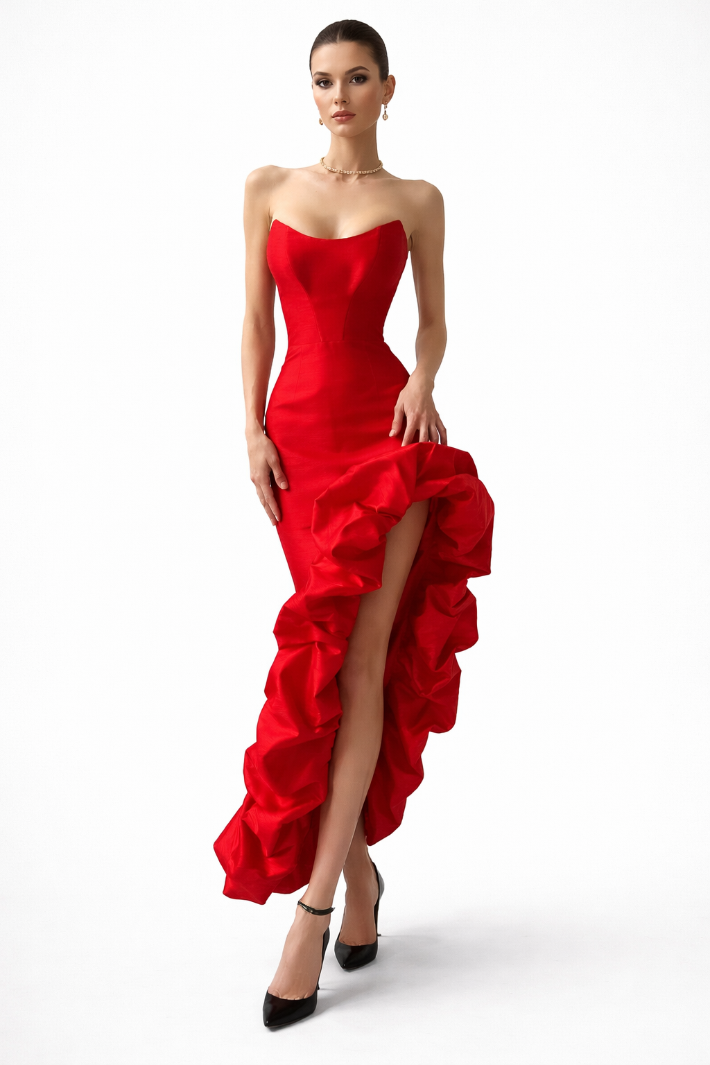 Strapless Satin Maxi Dress with Sculpted Ruffle Slit – EMERALD