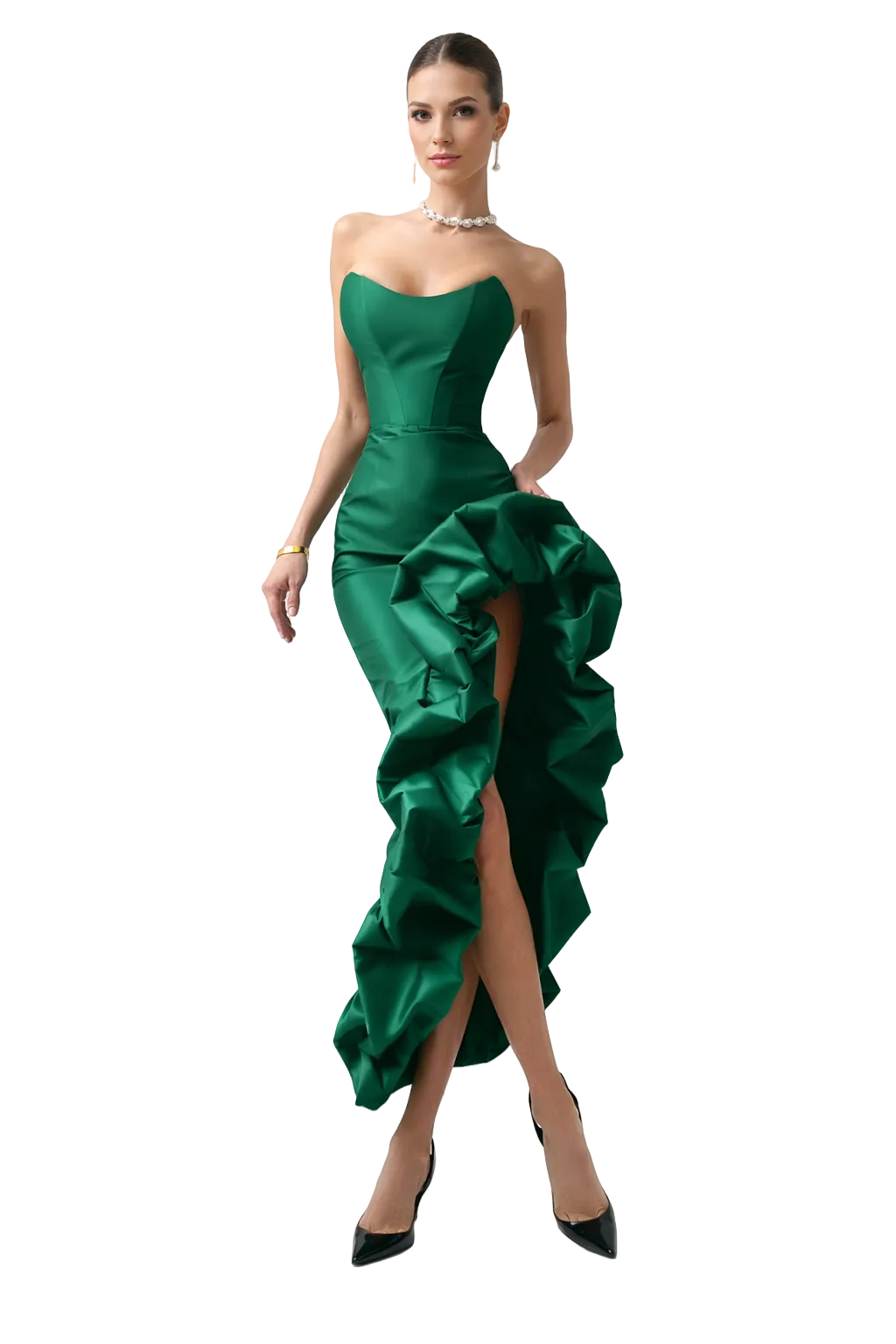 Strapless Satin Maxi Dress with Sculpted Ruffle Slit – EMERALD