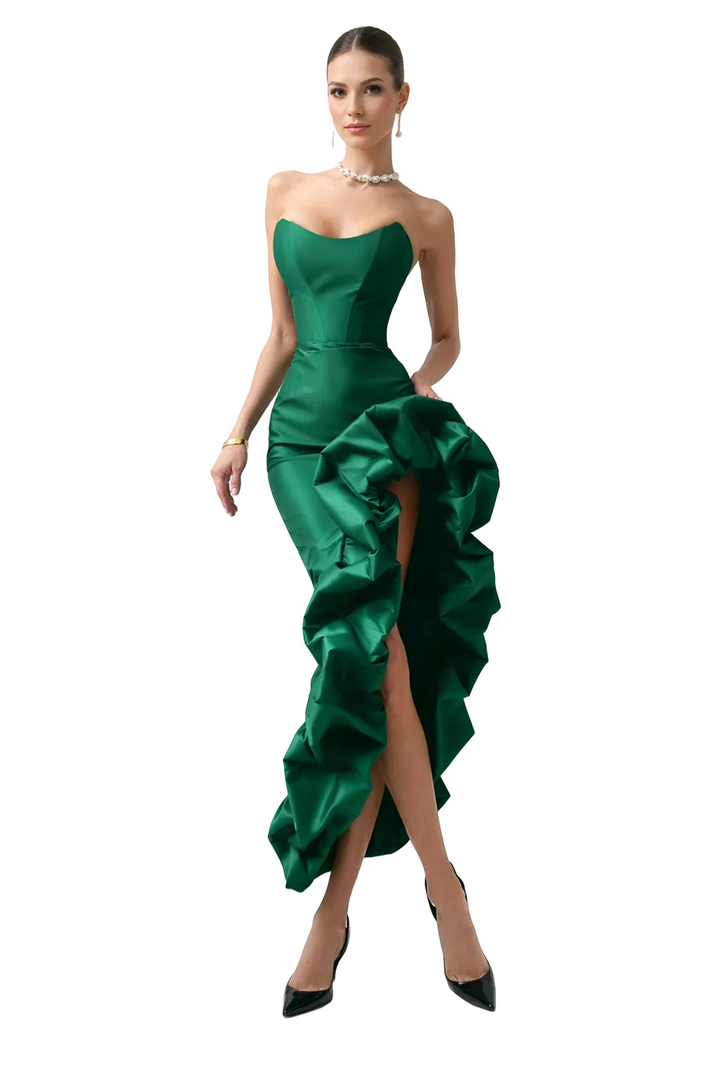 Strapless Satin Maxi Dress with Sculpted Ruffle Slit – EMERALD