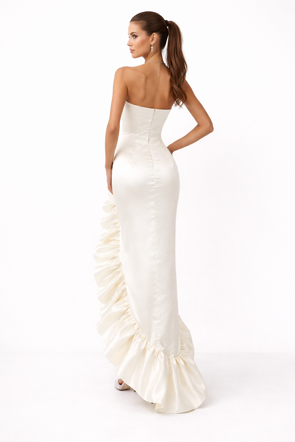 Strapless Satin Maxi Dress with Sculpted Ruffle Slit – EMERALD