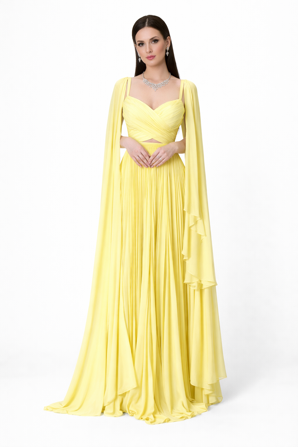 Pleated two-piece gown with draped cape sleeves – AMARA