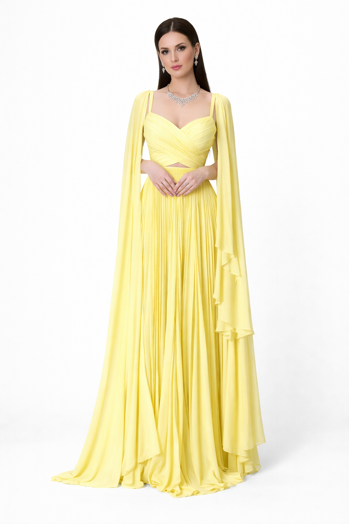 Pleated two-piece gown with draped cape sleeves – AMARA
