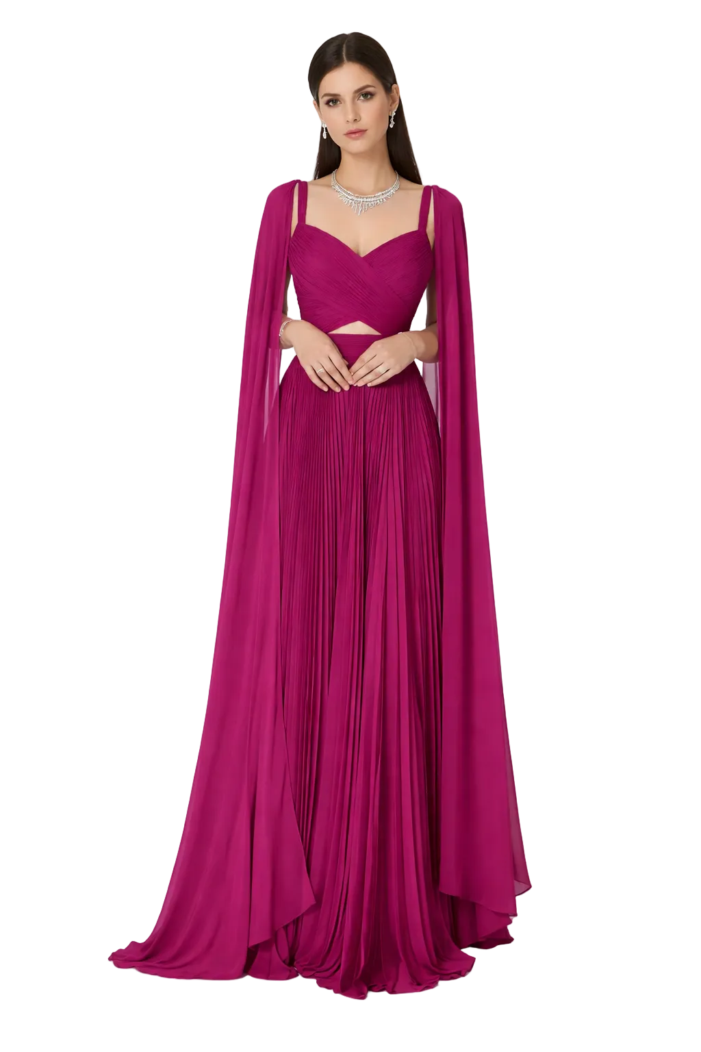 Pleated two-piece gown with draped cape sleeves – AMARA