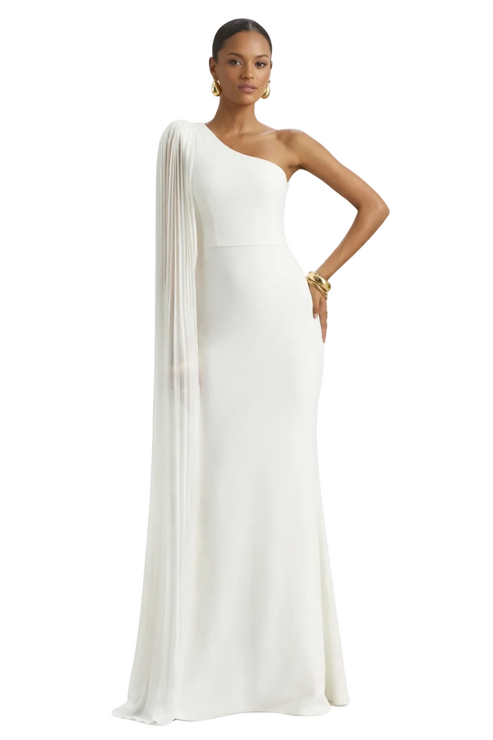 one-shoulder column gown with pleated cape sleeve – IVORY