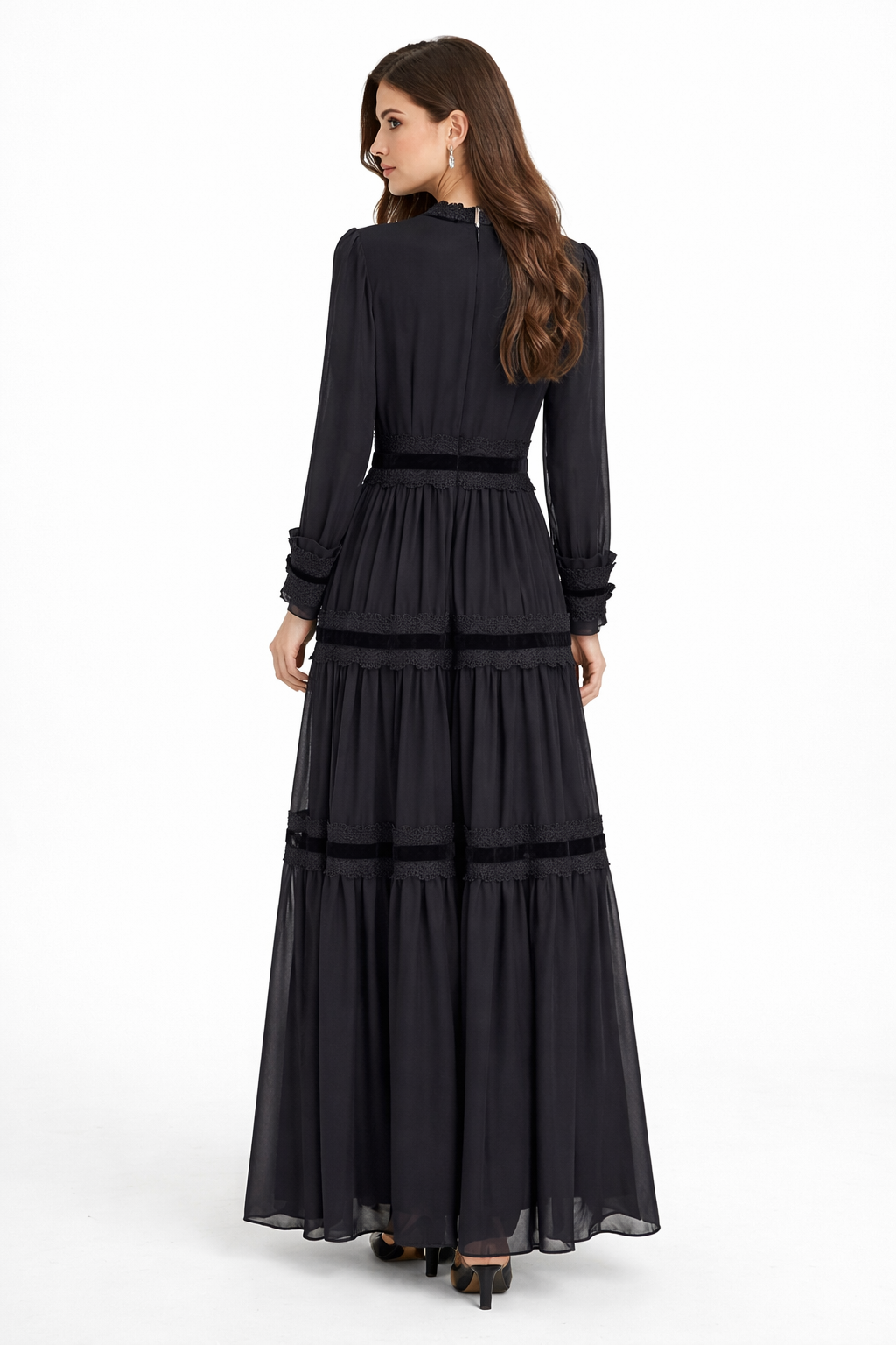 high-neck lace panel tiered maxi dress – MOHSEN