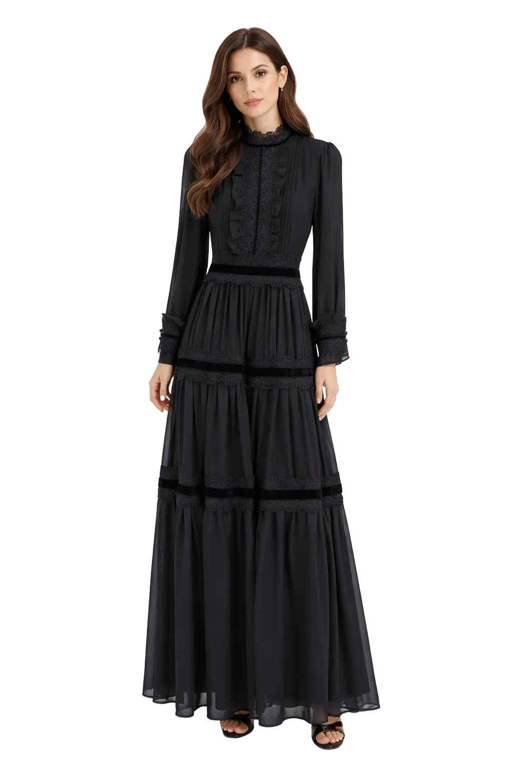 high-neck lace panel tiered maxi dress – MOHSEN