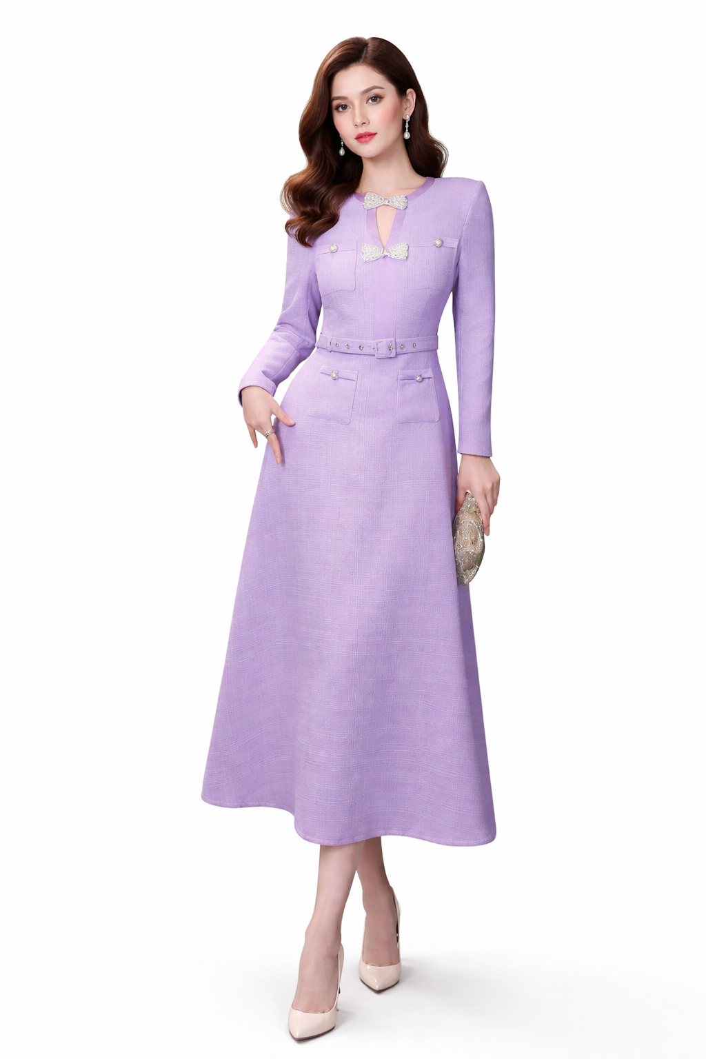 long sleeve A-line dress with belted waist and embellished neckline – ELISE