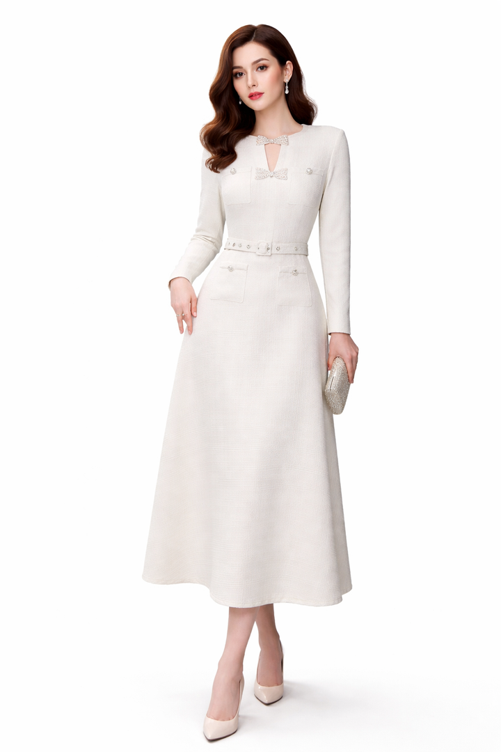 long sleeve A-line dress with belted waist and embellished neckline – ELISE