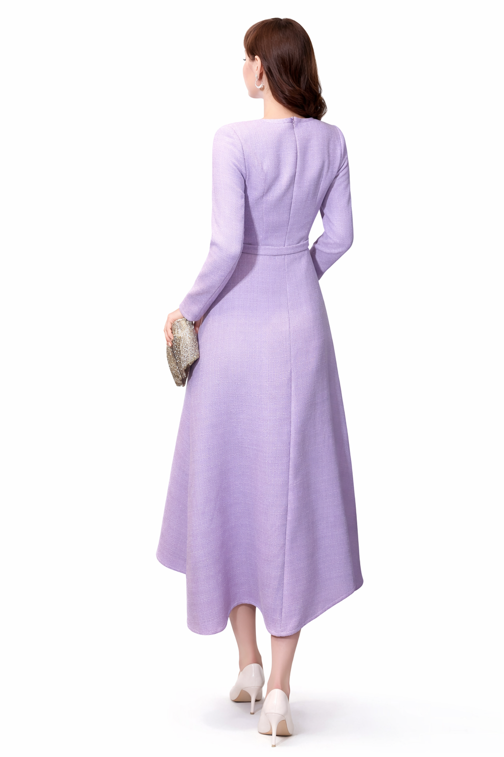 long sleeve A-line dress with belted waist and embellished neckline – ELISE