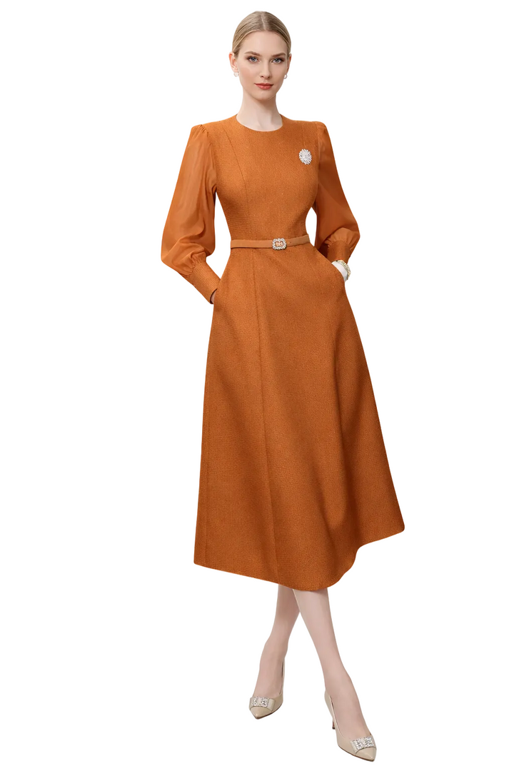 puff sleeve A-line midi dress with belted waist – AMBER