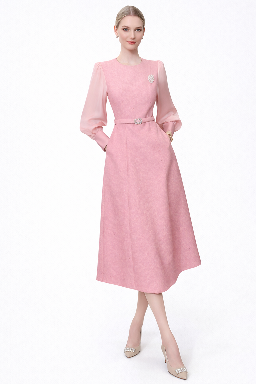 puff sleeve A-line midi dress with belted waist – AMBER
