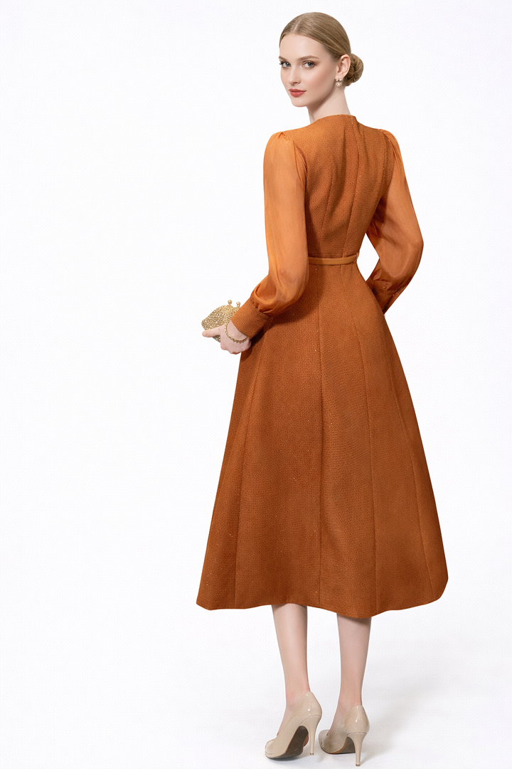 puff sleeve A-line midi dress with belted waist – AMBER