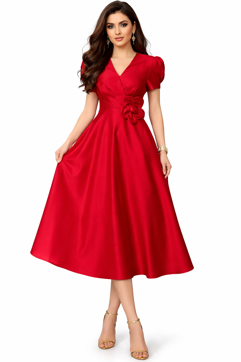 short sleeve A-line midi dress with floral waist detail – RUBY