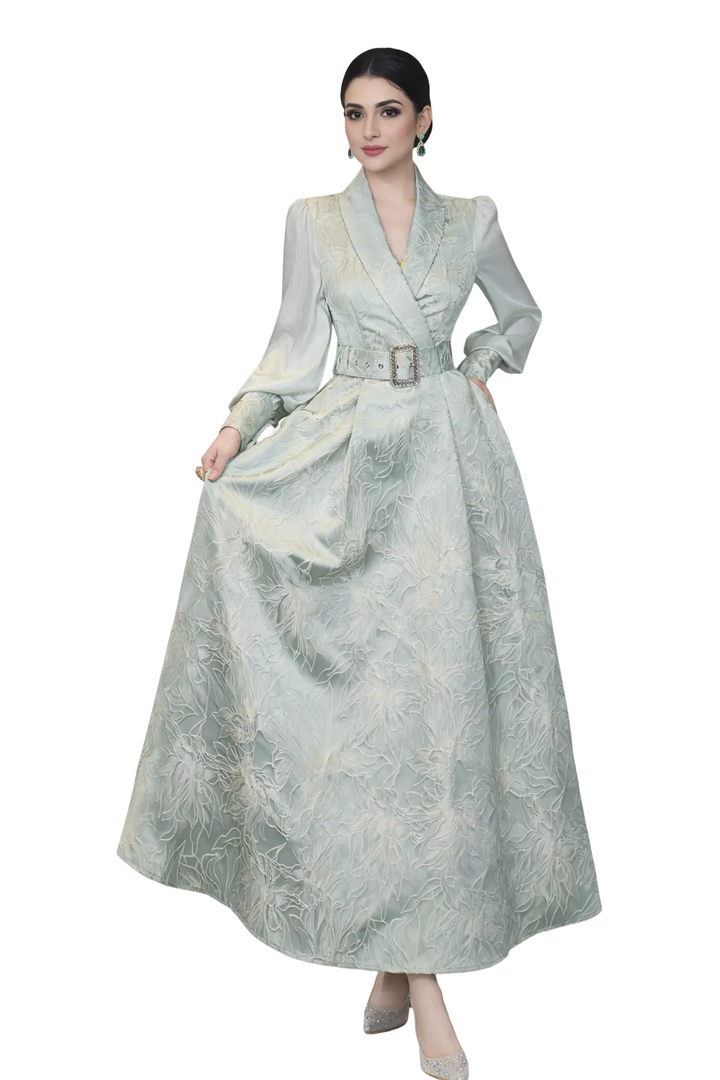 long sleeve jacquard wrap A-line dress with statement belt – SERENA