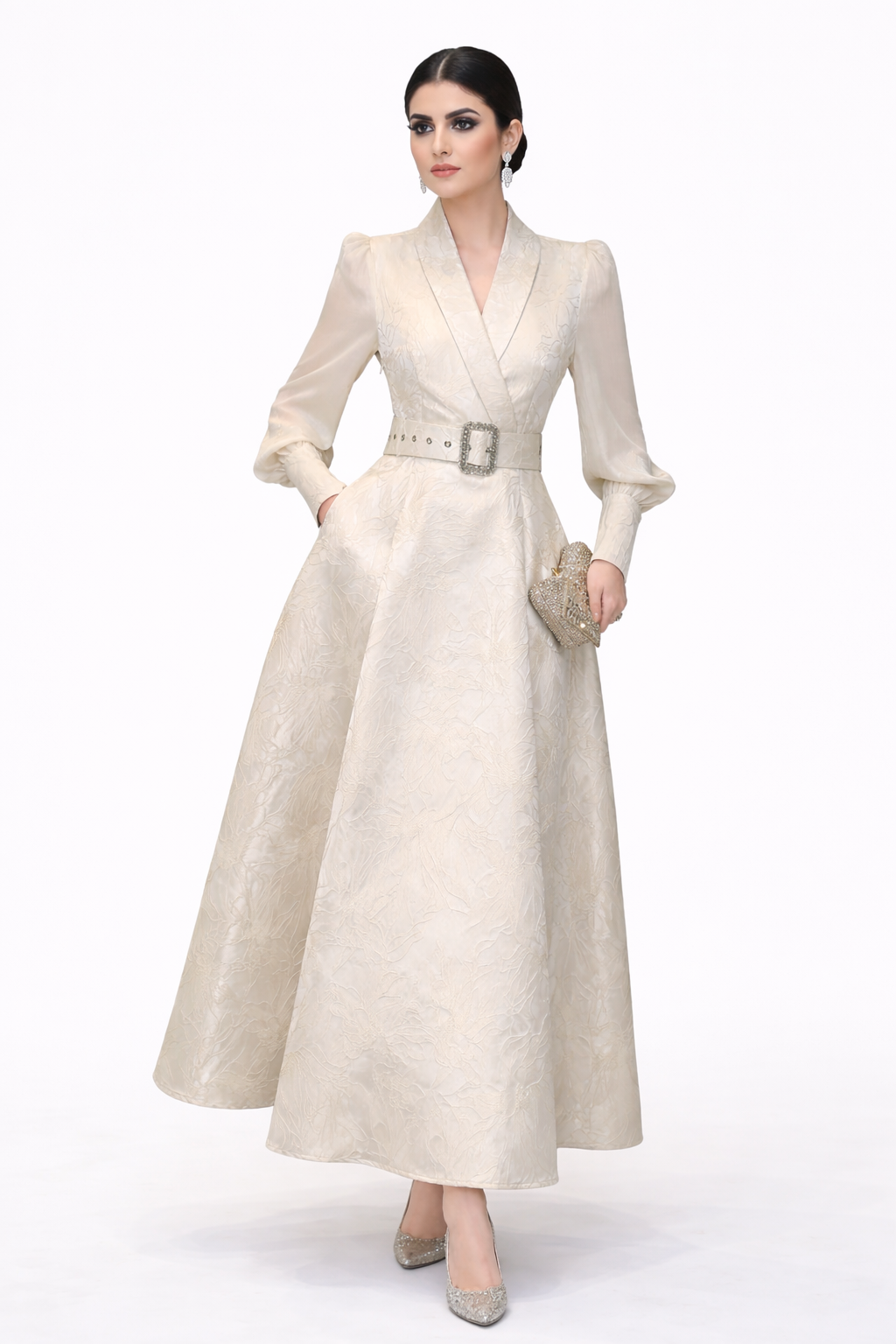 long sleeve jacquard wrap A-line dress with statement belt – SERENA