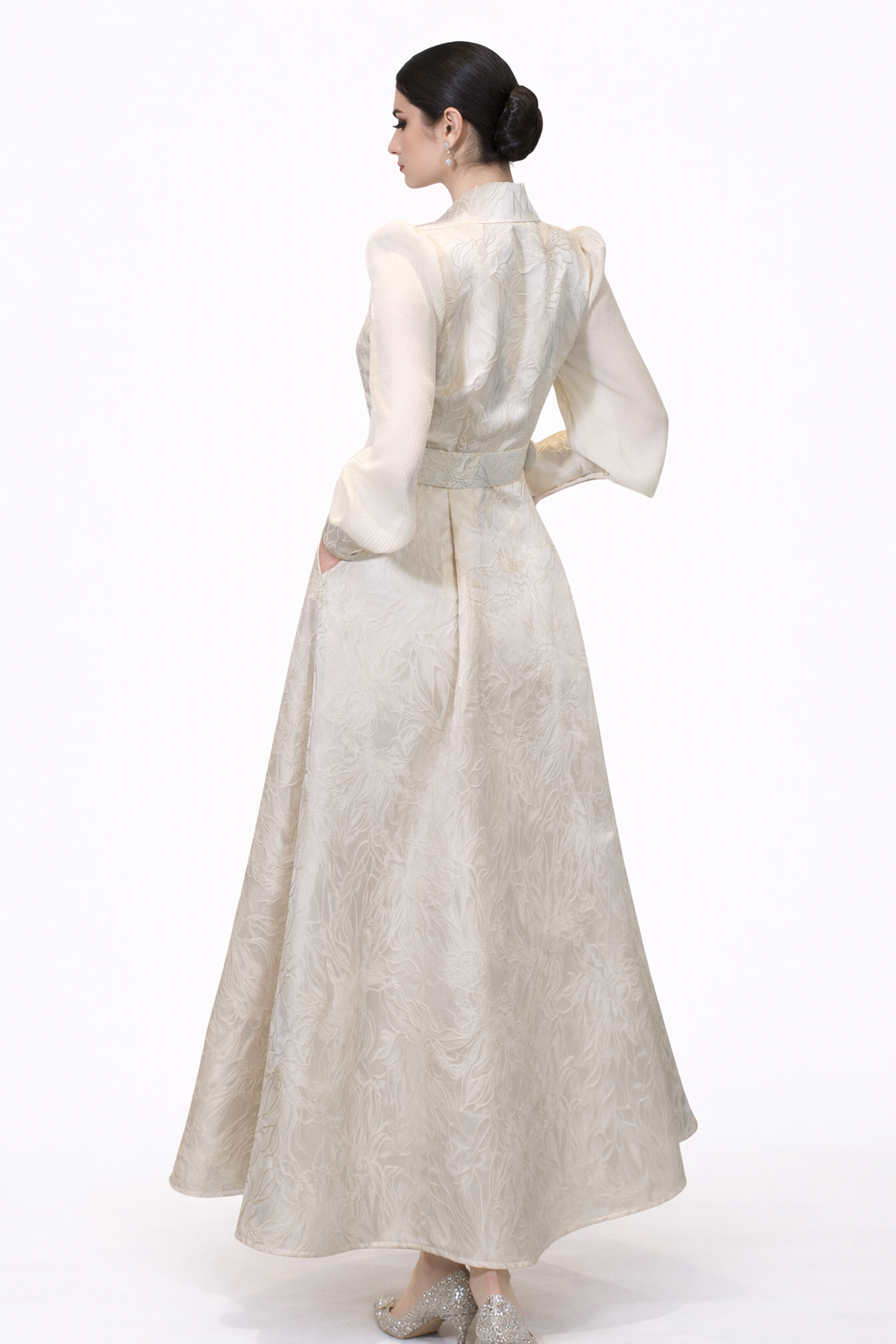 long sleeve jacquard wrap A-line dress with statement belt – SERENA