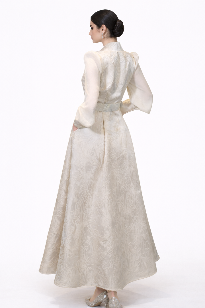 long sleeve jacquard wrap A-line dress with statement belt – SERENA