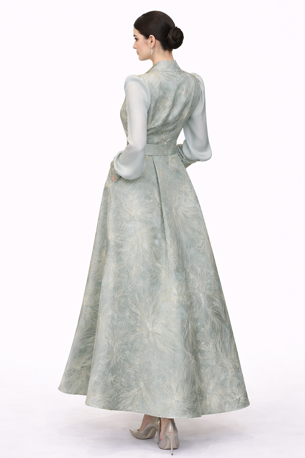 long sleeve jacquard wrap A-line dress with statement belt – SERENA