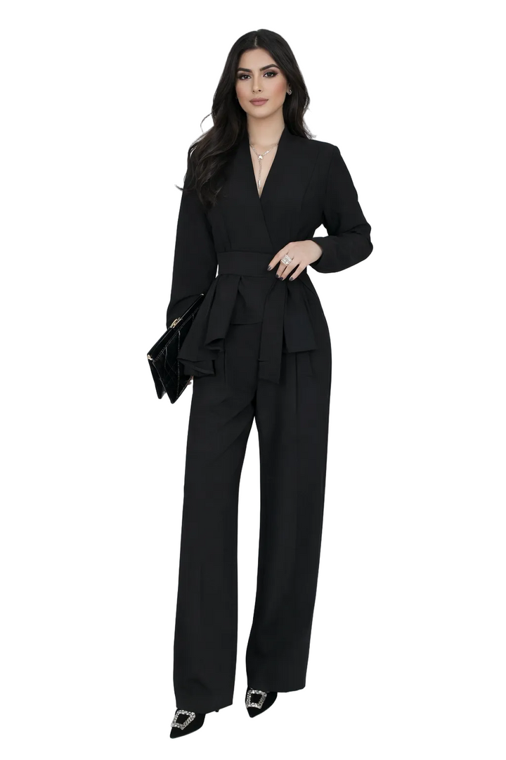 long sleeve wrap top with layered peplum and wide leg pants set – ESLAM