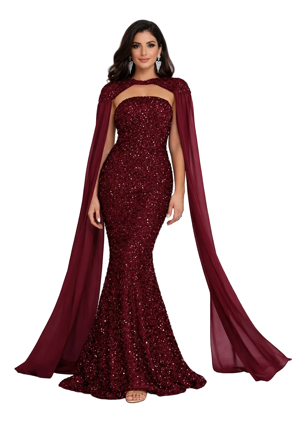 strapless mermaid sequin gown with dramatic chiffon cape – VALERIA