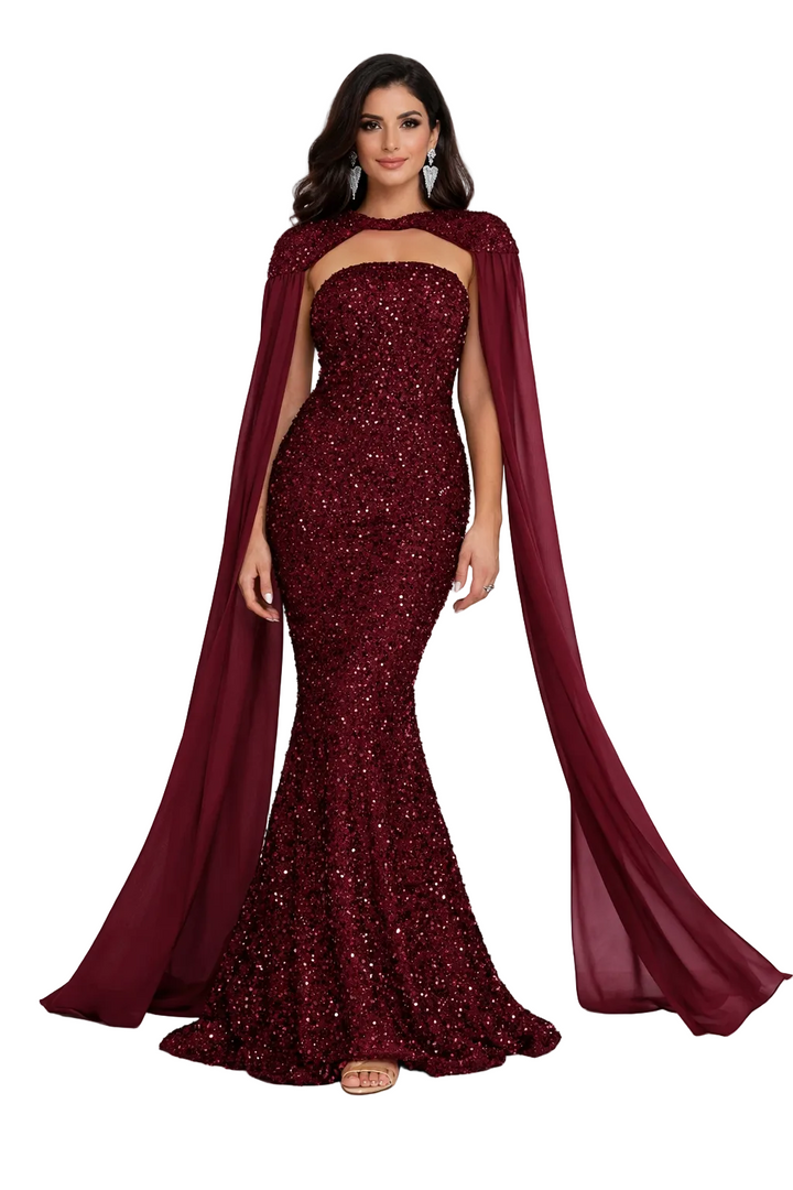strapless mermaid sequin gown with dramatic chiffon cape – VALERIA