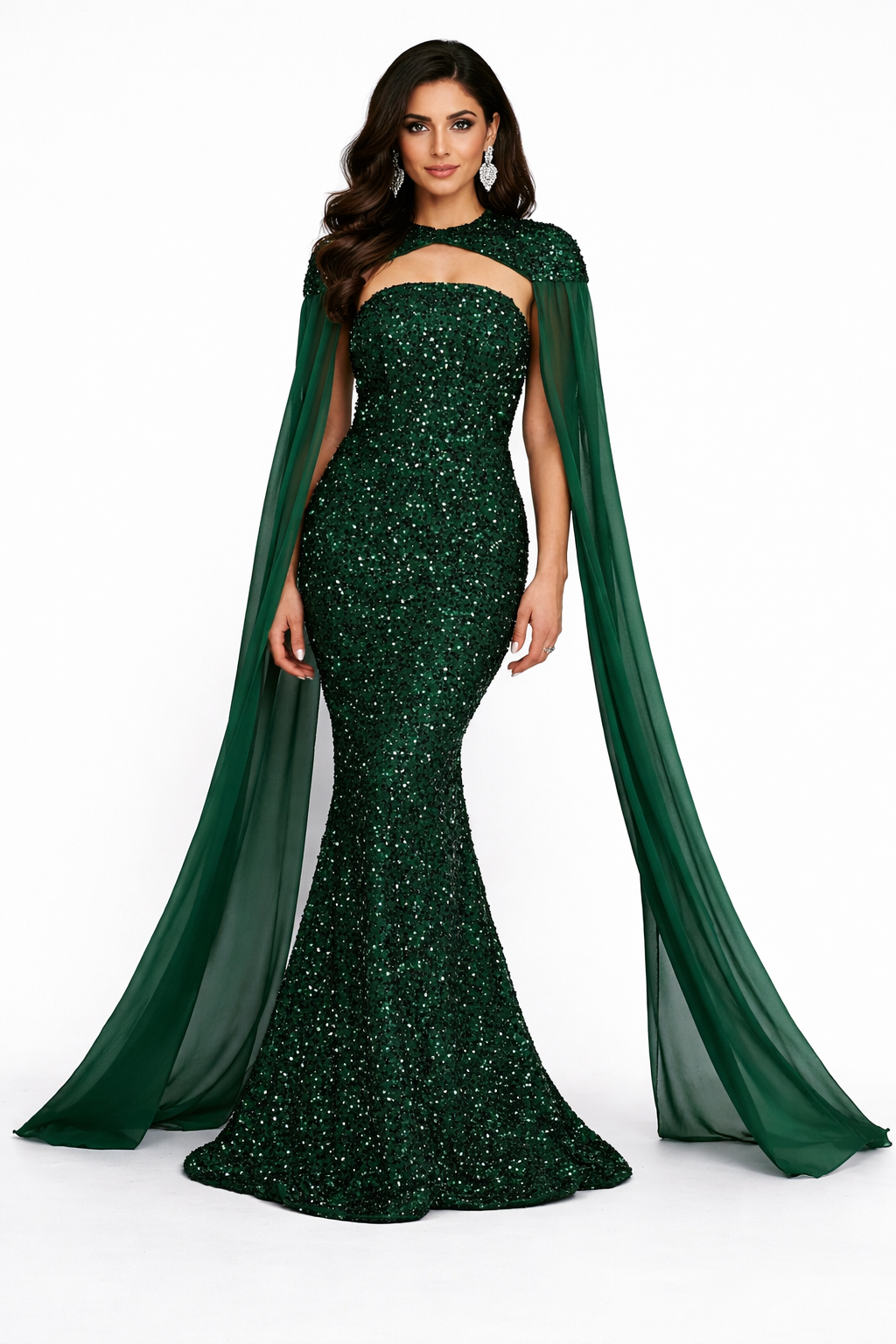 strapless mermaid sequin gown with dramatic chiffon cape – VALERIA