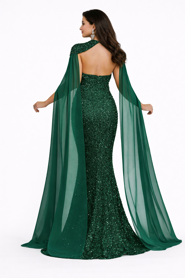 strapless mermaid sequin gown with dramatic chiffon cape – VALERIA
