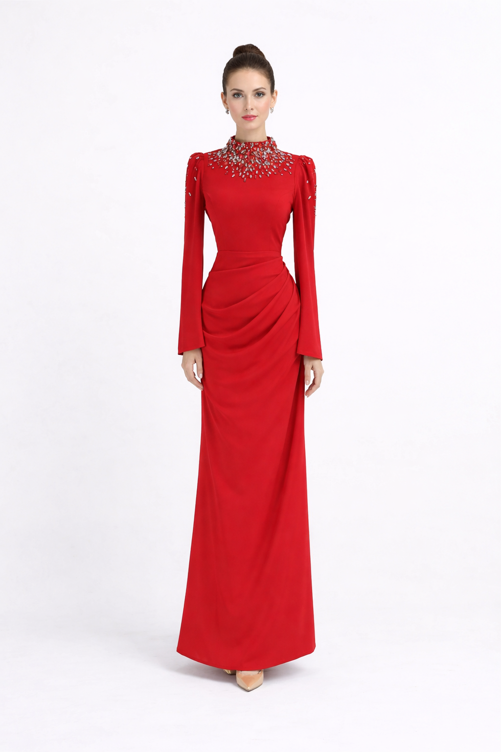 long sleeve draped satin gown with embellished high neckline – NOCTURNA