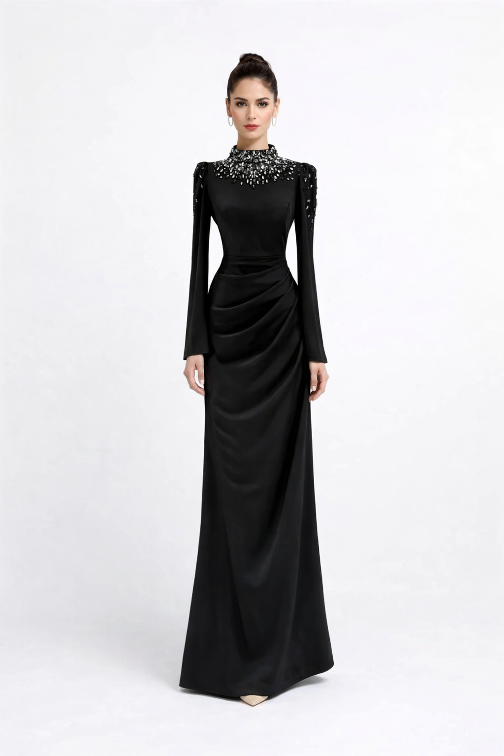 long sleeve draped satin gown with embellished high neckline – NOCTURNA