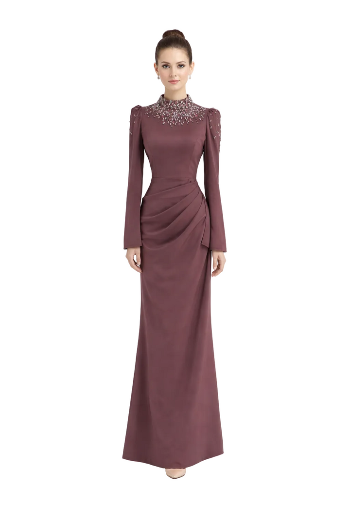 long sleeve draped satin gown with embellished high neckline – NOCTURNA