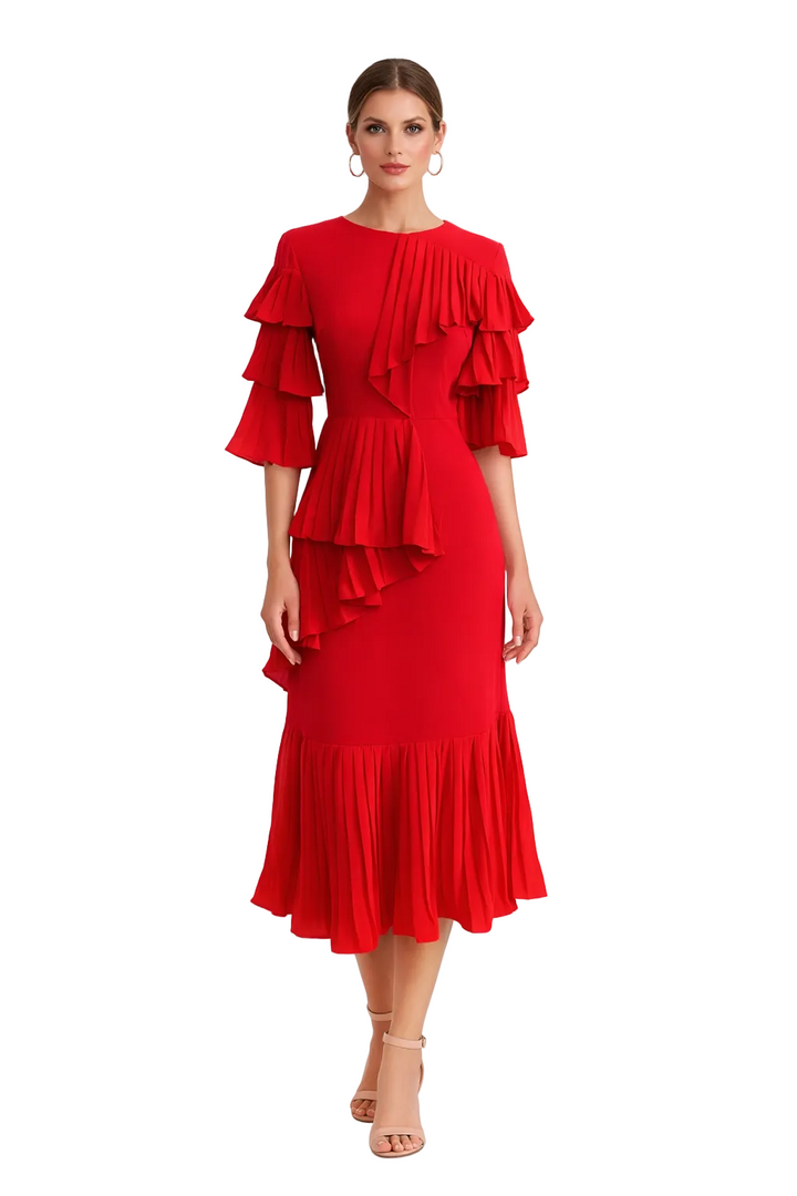 short sleeve pleated ruffle midi dress with layered detailing – ROSALIA