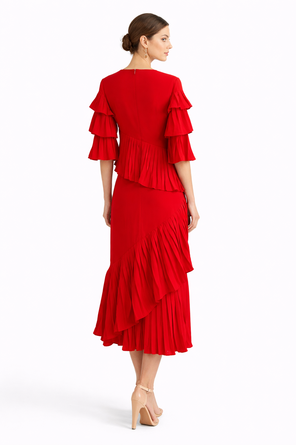 short sleeve pleated ruffle midi dress with layered detailing – ROSALIA