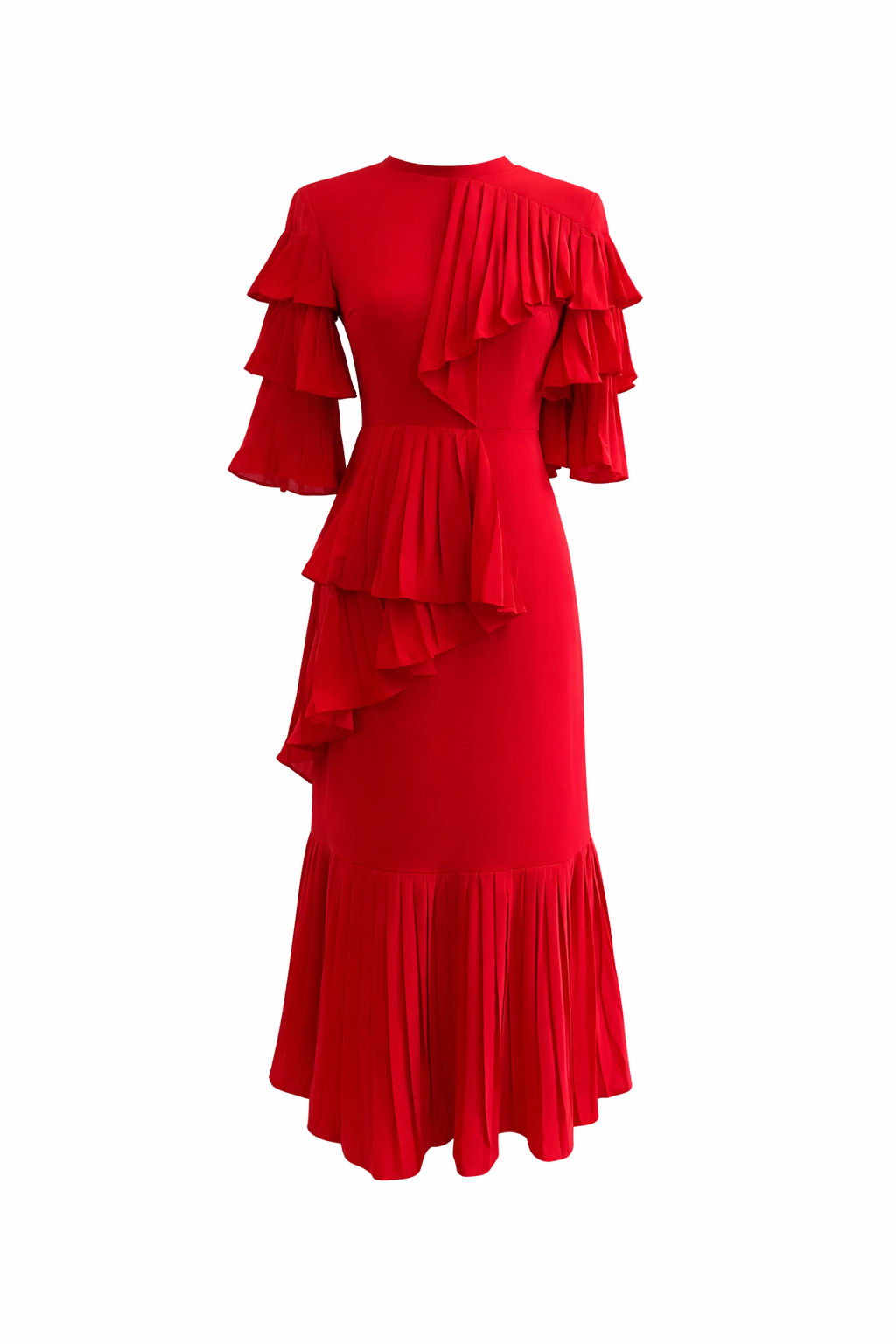 short sleeve pleated ruffle midi dress with layered detailing – ROSALIA