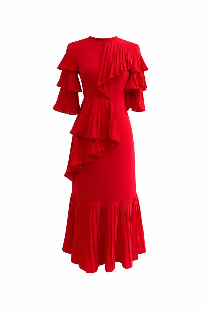 short sleeve pleated ruffle midi dress with layered detailing – ROSALIA