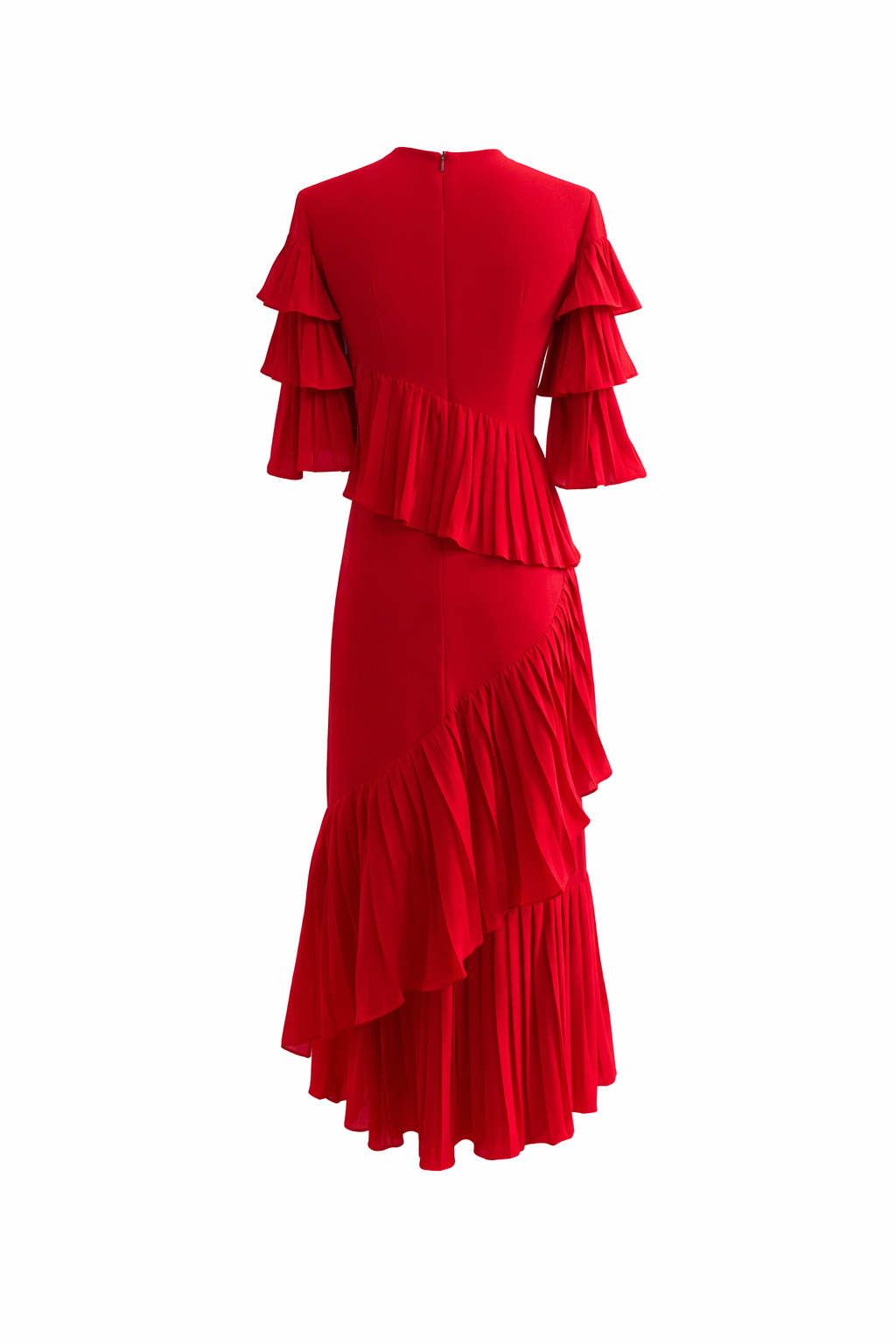 short sleeve pleated ruffle midi dress with layered detailing – ROSALIA