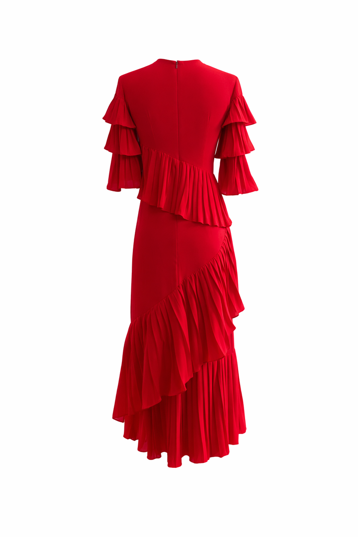 short sleeve pleated ruffle midi dress with layered detailing – ROSALIA