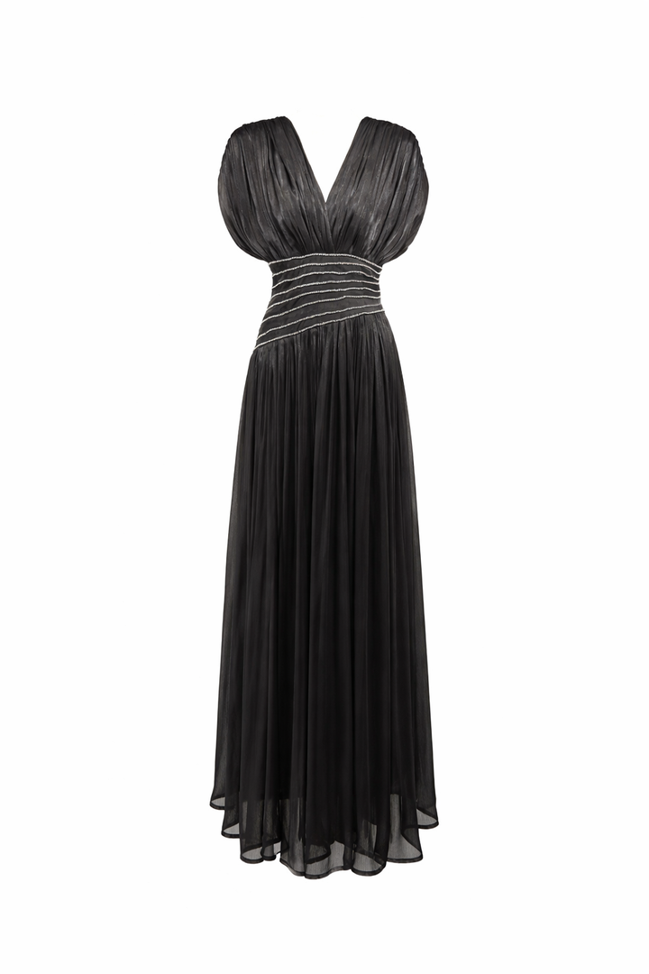 pleated V-neck maxi dress with ruched waist detail – LUMINA