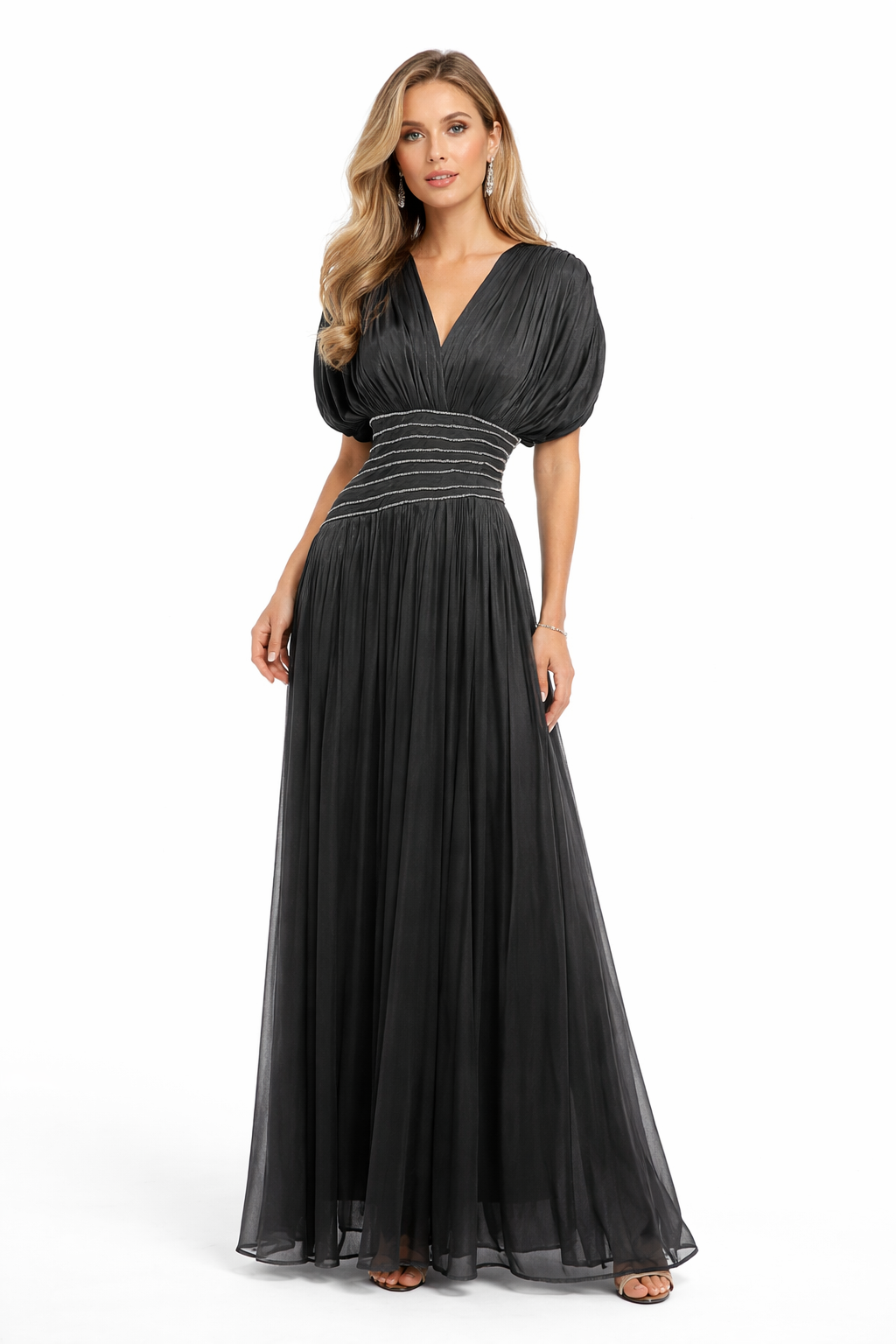 pleated V-neck maxi dress with ruched waist detail – LUMINA