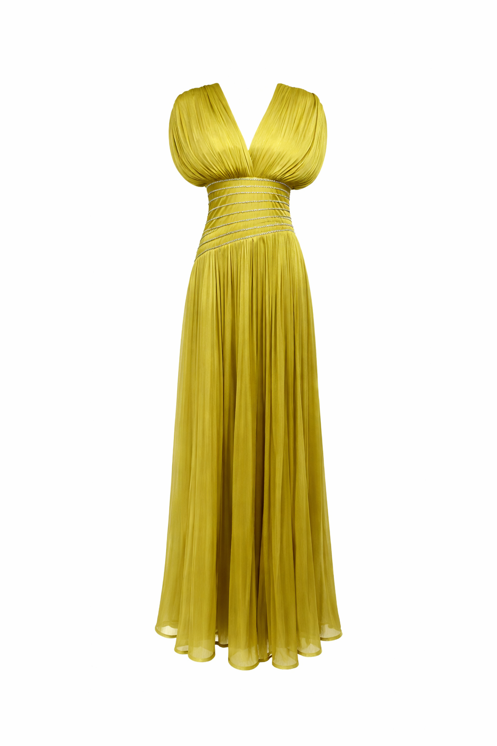 pleated V-neck maxi dress with ruched waist detail – LUMINA
