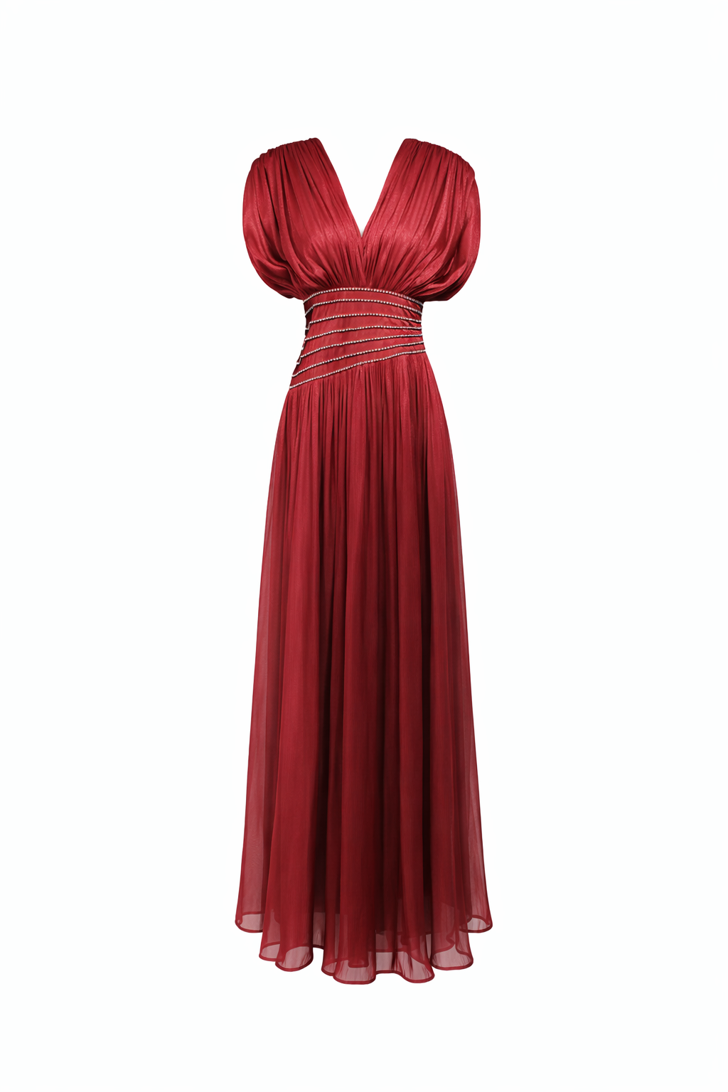 pleated V-neck maxi dress with ruched waist detail – LUMINA