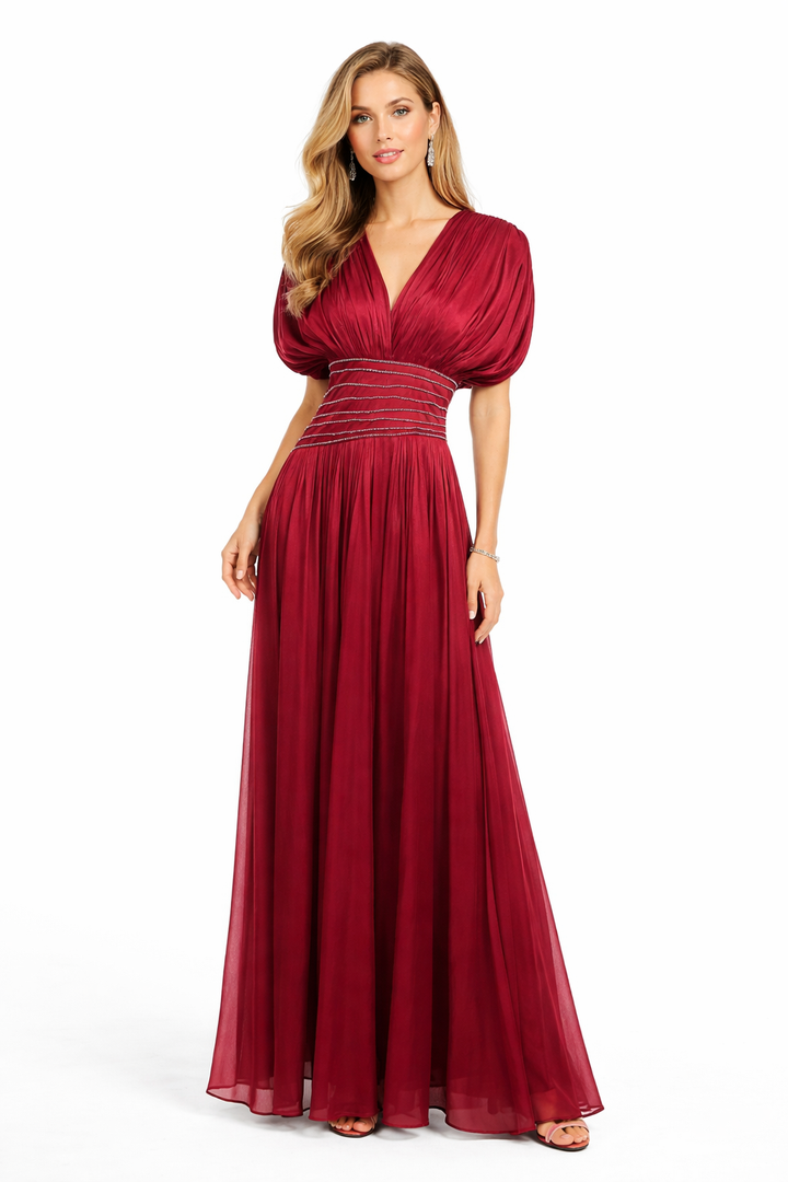 pleated V-neck maxi dress with ruched waist detail – LUMINA