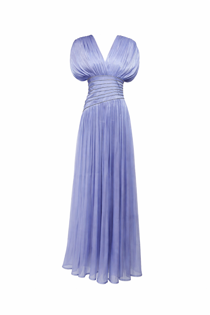 pleated V-neck maxi dress with ruched waist detail – LUMINA