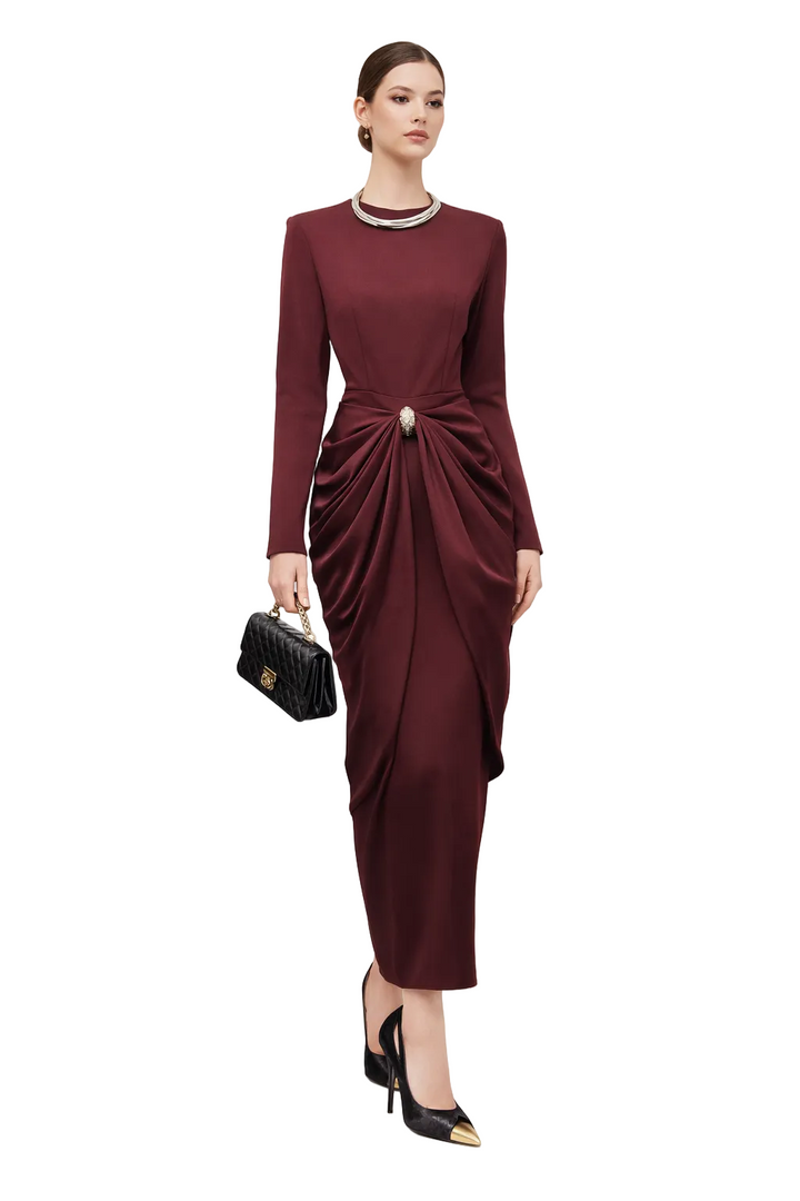 long sleeve draped waist midi dress with brooch detail – MOHMOYD