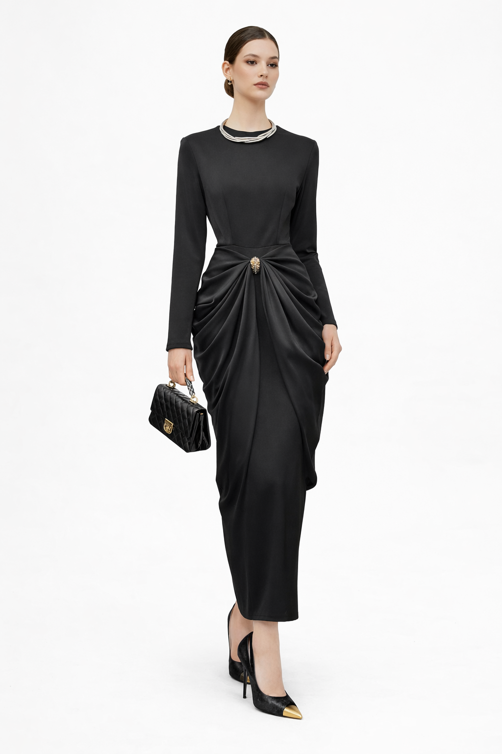 long sleeve draped waist midi dress with brooch detail – MOHMOYD