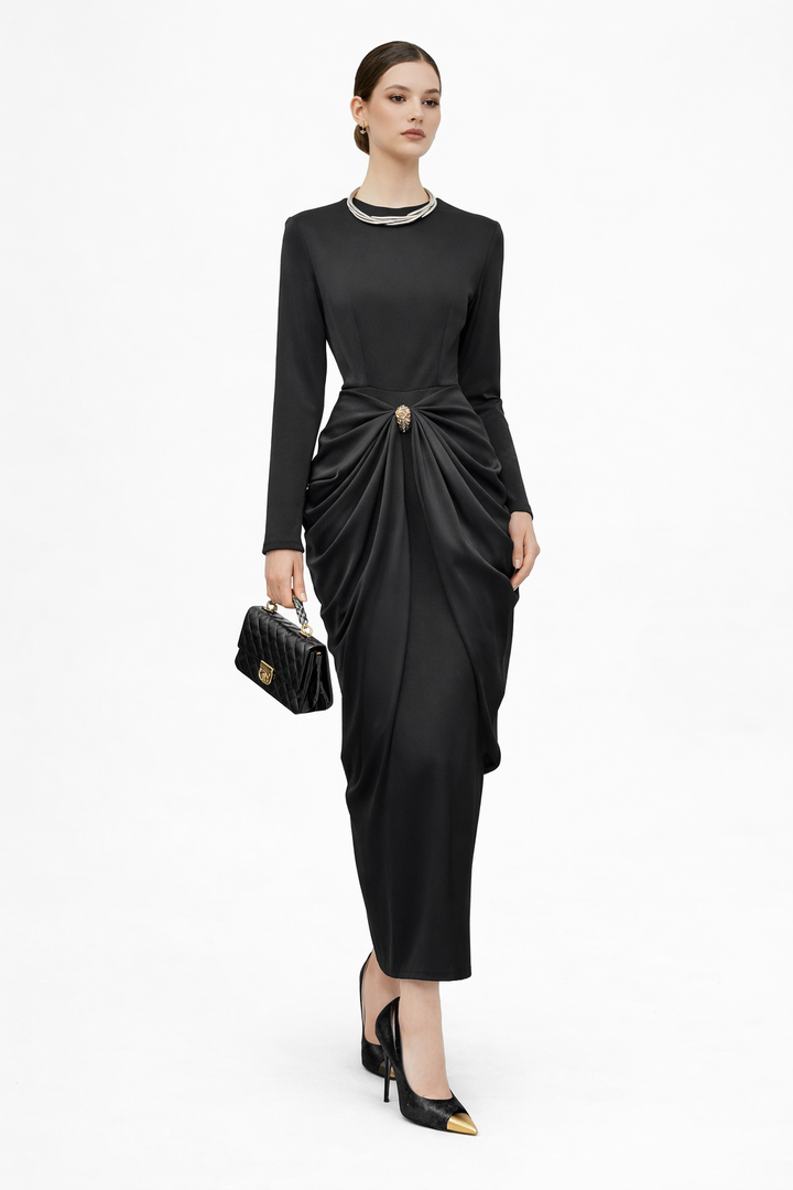 long sleeve draped waist midi dress with brooch detail – MOHMOYD