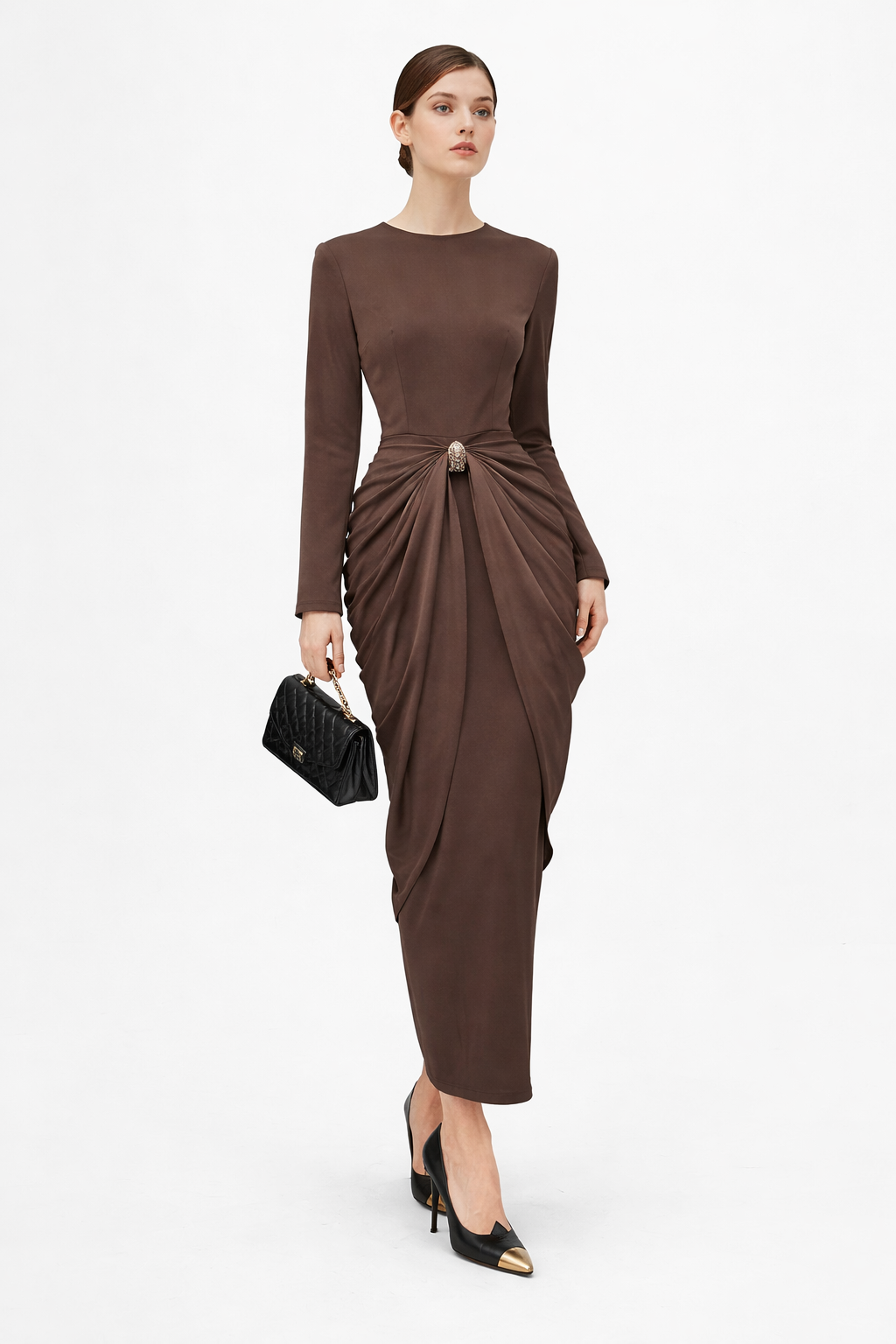 long sleeve draped waist midi dress with brooch detail – MOHMOYD