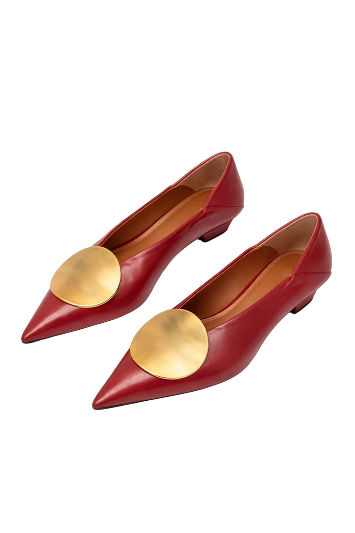 pointed-toe flats with oversized gold disc detail – RUBINA
